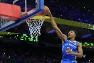 Giannis Antetokounmpo of the Milwaukee Bucks dunks the ball